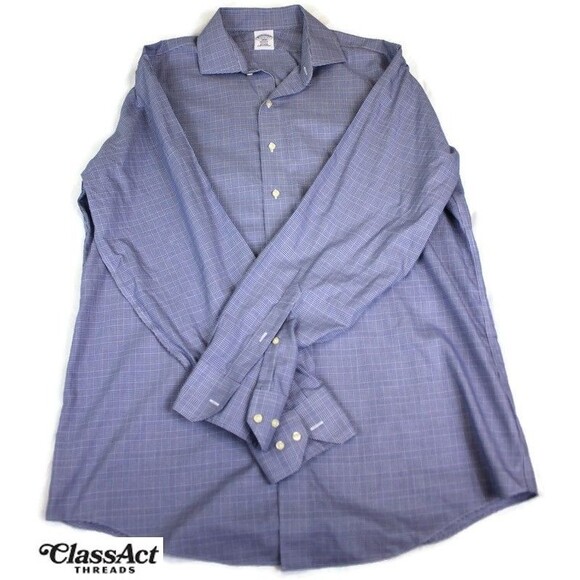 Brooks Brothers Regent Dress Shirt Blue Gingham Cotton Non Iron 17 6/7 - Picture 1 of 7